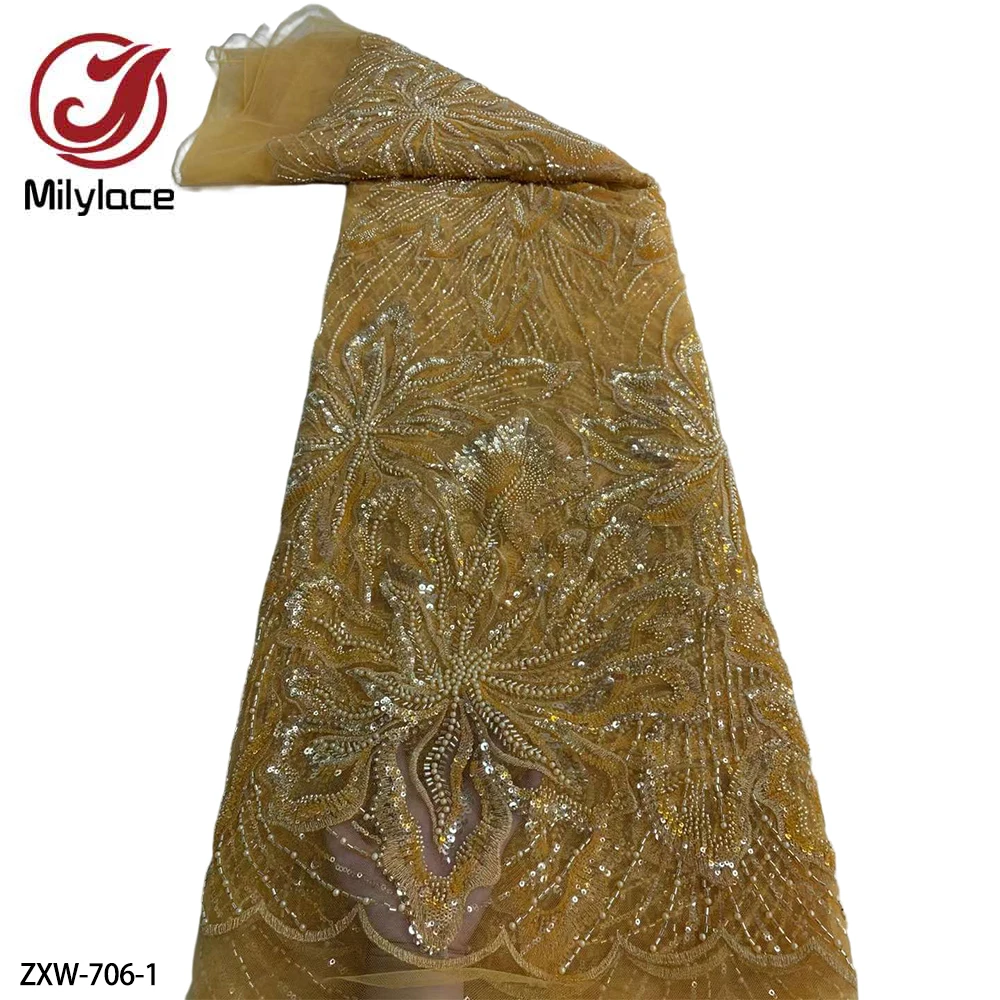 

Luxury Heavy African Lace Frabric High Quality French Lace Sequins Beaded Embroidered Lace Fabric for Wedding Dress ZXW-706