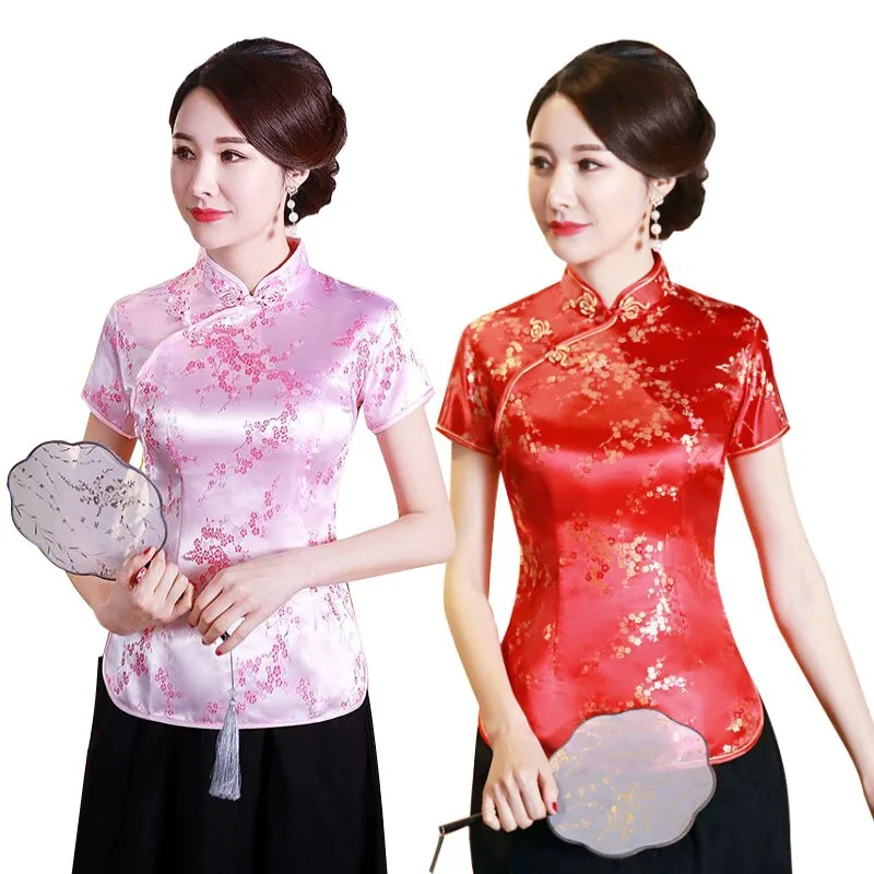 Фото Летняя винтажная футболка Cheongsam, футболка, китайский костюм Тан, женская футболка с короткими рукавами Hanfu, женская одежда, футболки Blusas №3