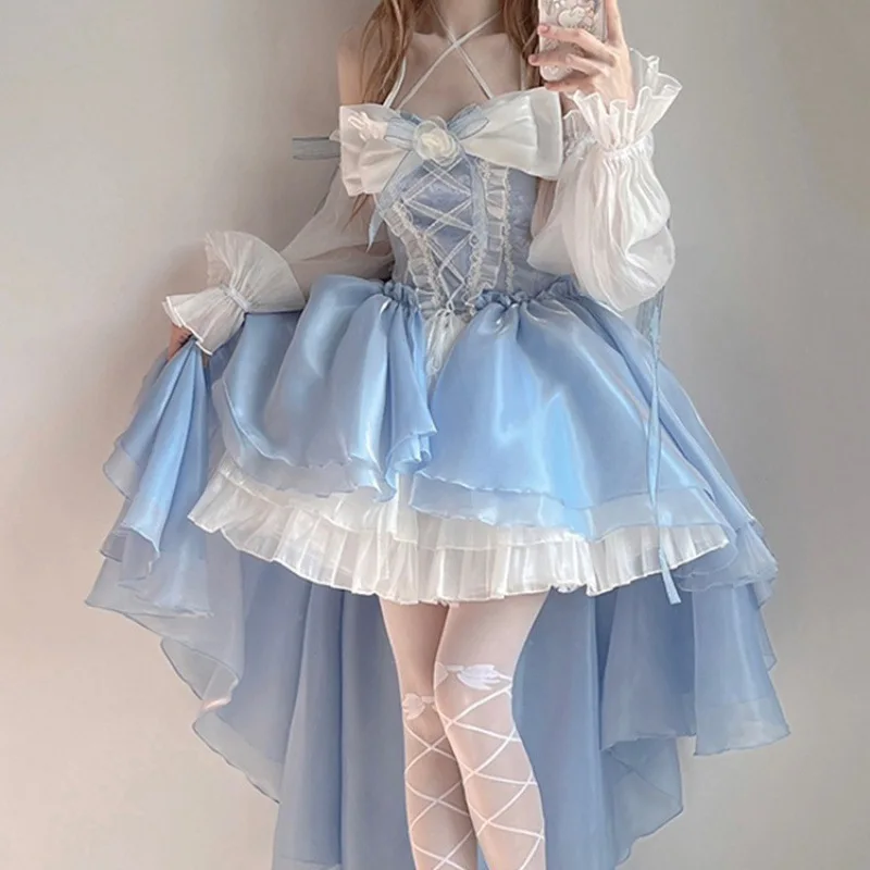 

Платье принцессы в романтическом Французском Стиле Лолита, элегантная сетчатая туника с буффами на рукавах, с ленточным бантом и цветами для косплея для девушек