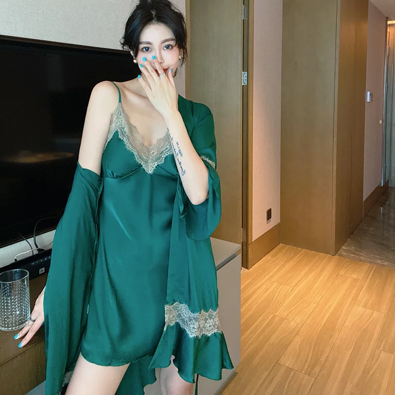 New suspender nightdress two-piece ice silk homewear wholesale sexy pajamas lingerie set with robe