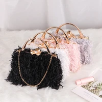retro trendy feather handbags for women fashion square shoulder bag wedding party clutch with metal handle ladies daily handbag