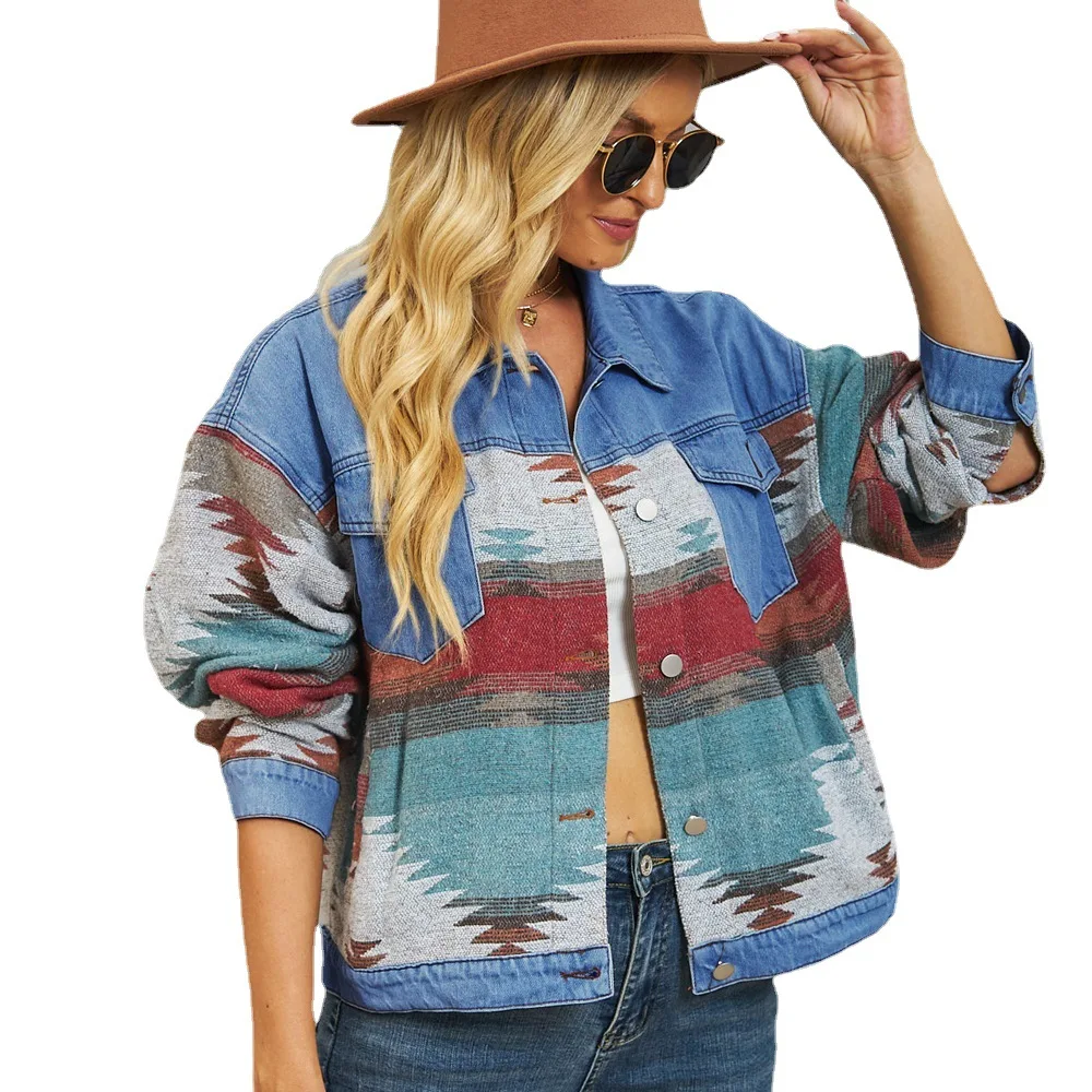 

Новое осенне-зимнее короткое джинсовое свободное Женское шерстяное пальто с геометрическим узором, женская модная куртка