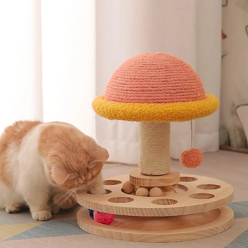 

2-layer Cat Turntable Toy Cat Scratching Post Cat Scratcher Wooden Mushroom House With Interactive Balls Pet Exercise Supplies