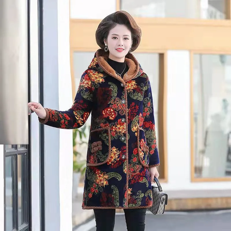 Abrigos Mujer Invierno 2022 Thicken Warm Grandma Winter Jacket Print Hooded Velvet Women Parkas Middle Aged Mother Mid-Long Coat enlarge