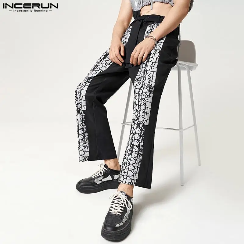

INCERUN 2023 American Style Men's Belted Belt Bone Printing Trousers Leisure Streetwear Male Hot Sale Straight Long Pants S-5XL