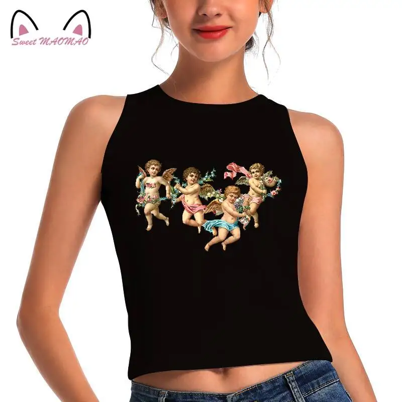 

2022 Women's Tank Top Gothic Y2K Angel Print Crop Top Women Sleeveless Vest Tee Basic Dark Vintage Casual Goth Streetwear Tops