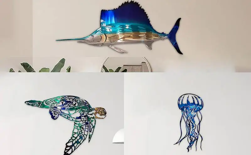 

3D Sculpture Turtle Jellyfish Pendant Metal Wall Art Animal Ornament For Bedroom Fishing Art Room Decor Modern painiting deocr