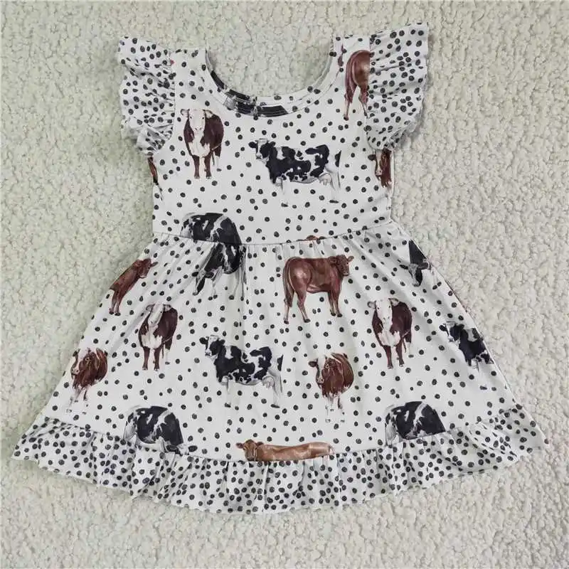 Kid Summer Western Cow Print Dress Baby Girl Short Sleeve Ruffle Dots Clothing Wholesale Babe Children Toddler Fashion Clothes