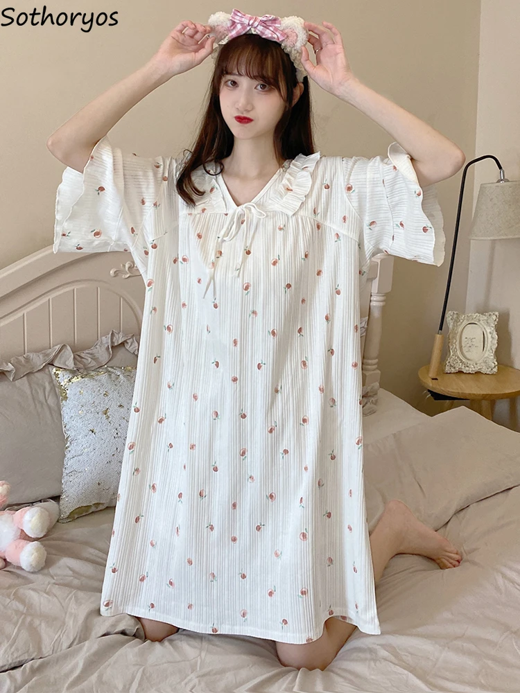 

Nightgowns Women Loose Minimalist Floral Design Retro Basic Korean Style Female Lounge Wear Summer V-neck Ruffles Sweet Trendy