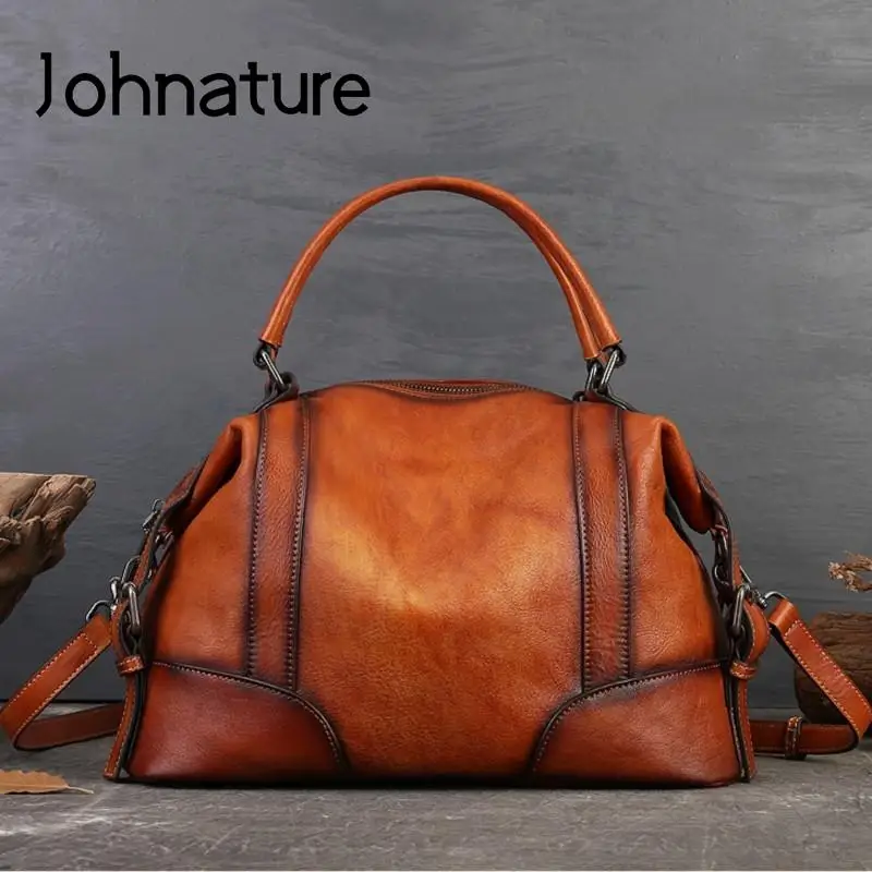 Johnature 2023 New Retro Genuine Leather Women Tote Bag Luxury Handbag Natural Soft Real Cowhide Large Capacity Shoulder Bags