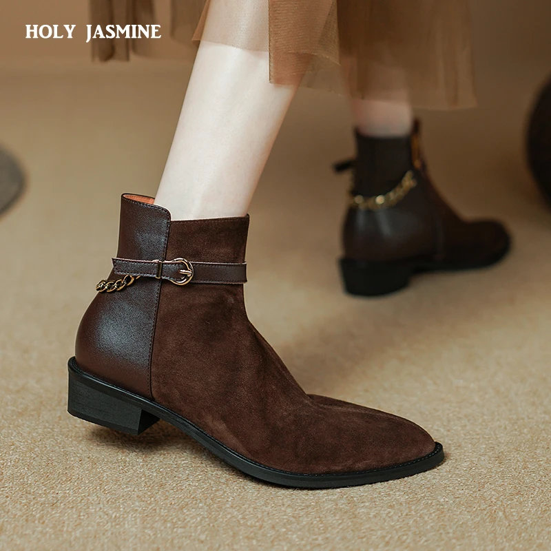 

Женские ботинки с круглым носком, на массивном каблуке, из овечьей замши