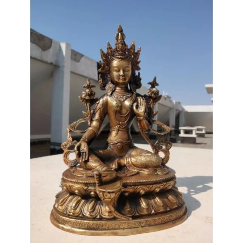 

12-Inch Old-Fashioned Bodhisattva Green Tara Bodhi-Sarawa Bronze Gilded Buddha Statue Padma Pani
