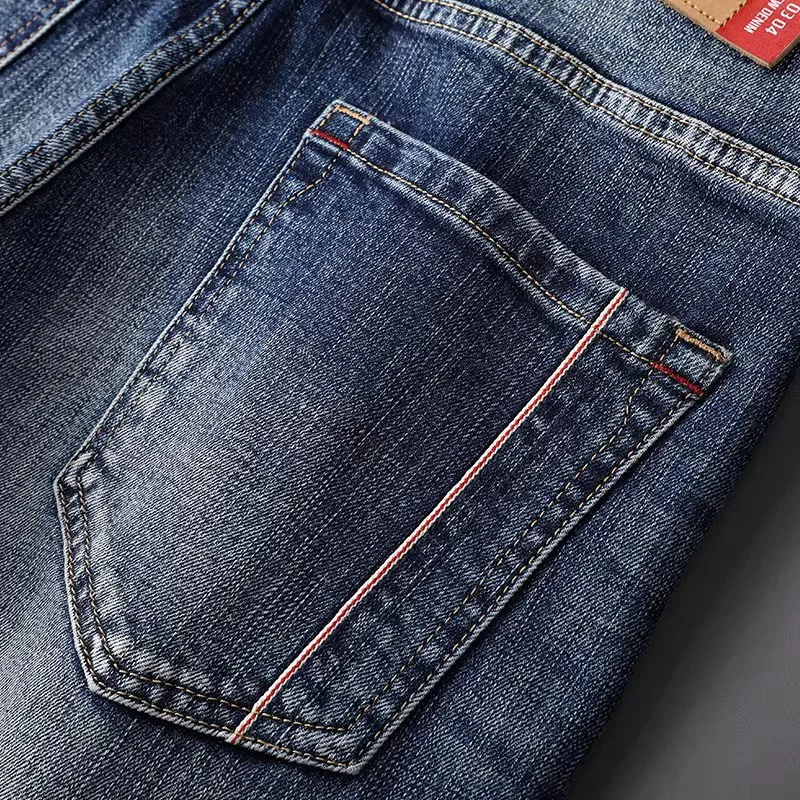 Newly Trends Fashion Men Jeans High Quality Retro Blue Elastic Slim Fit Vintage Jeans Men Redline Designer Casual Denim Pants