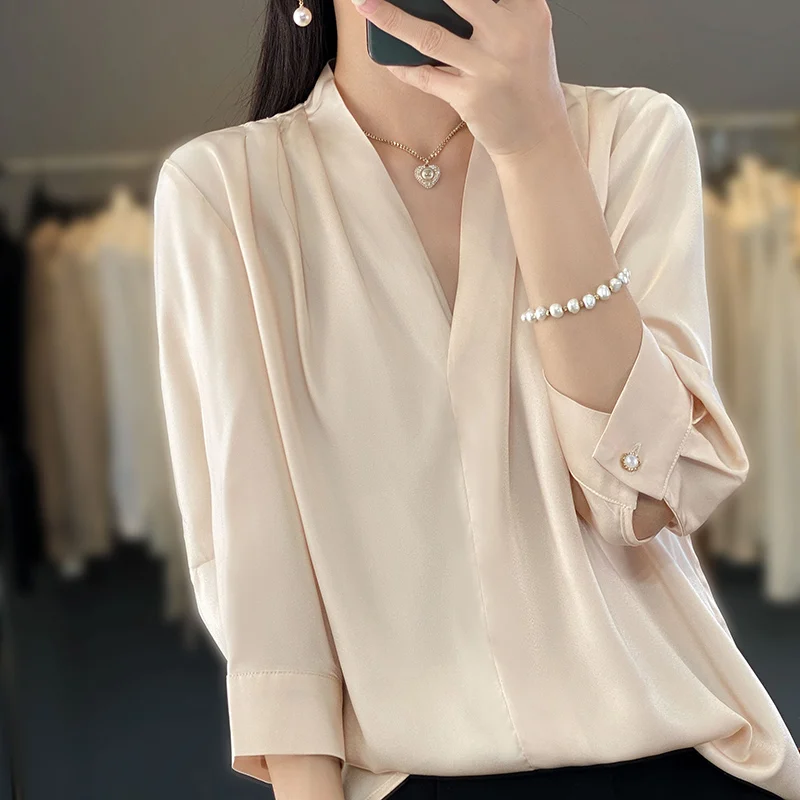 

Женский атласный Шелковый пуловер с длинным рукавом и V-образным вырезом