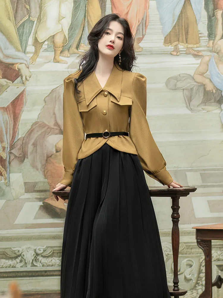 

Autumn Outfits Fashion Women Two Piece Set French Vintage Puff Sleeve Top With Pockets Black Pleated Skirt Set Retro Send Belt