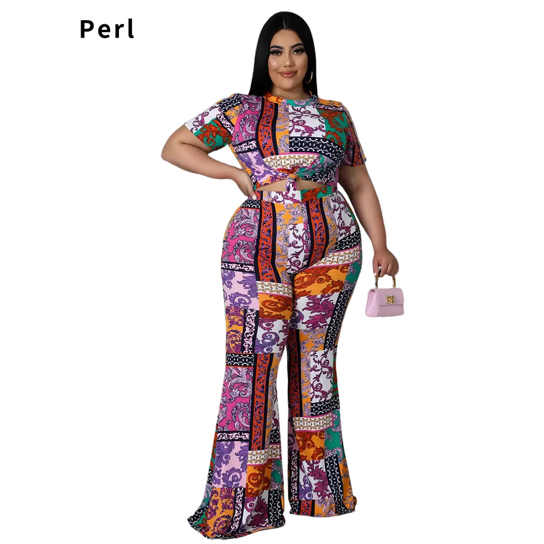 

Perl Vintage Crop Top+flare Pants Suit Plus Size Women Two Piece Set High Street Lady Clothing Casual Tracksuit 4XL 5XL