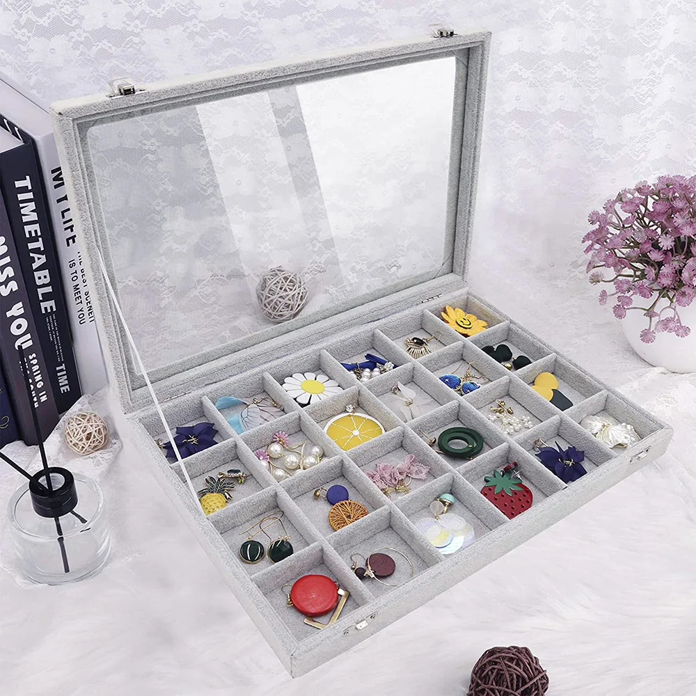 Crystals Velvet Jewelry Organizer Box 24 Grid Clear Lid Earrings Storage Case Ring Holder Stackable Necklace Tray Display Gift