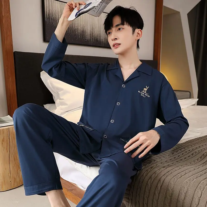 2023 new men's pajamas spring and autumn high-grade cotton long-sleeved trousers two-piece suit home clothes