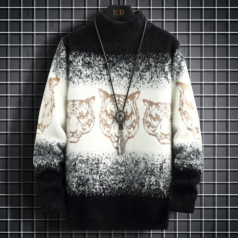 Мужские повседневные свитера в стиле хип-хоп с принтом тигра и круглым вырезом