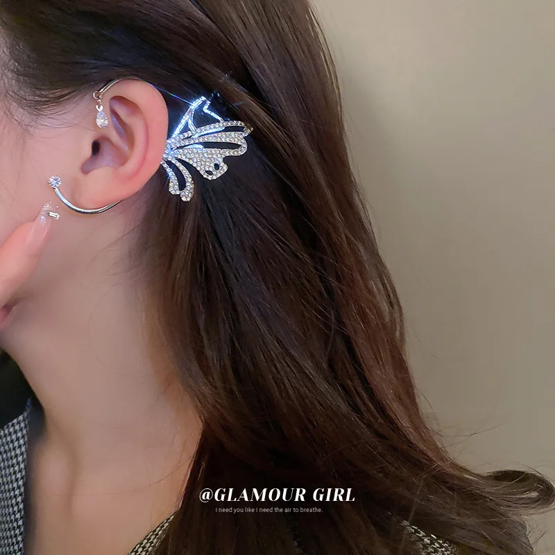 

QUEEN 2022 Ear Hook Earrings for Women Girl Rhinestone Exaggerated Butterfly Earring Metal Zircon No Piercing Ear Cuff