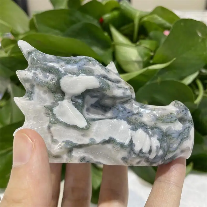 

1PC Natural Crystal Carving Moss Agate Dragon Head Skull Figurine Healing Crafts Gift Reiki Home Decoration