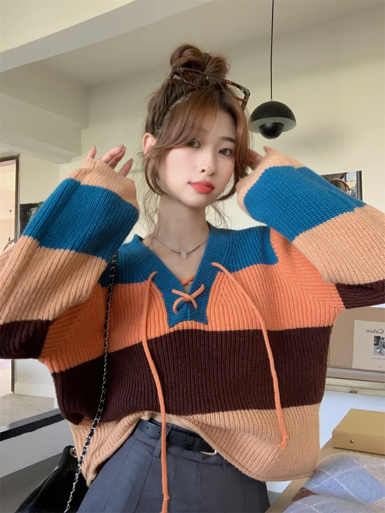 

ZCSMLL 2022 Korean Fashion Loose Stripe Contrast Ribbon V-neck Thin and Versatile Short Long Sleeve Women Vintage Sweater