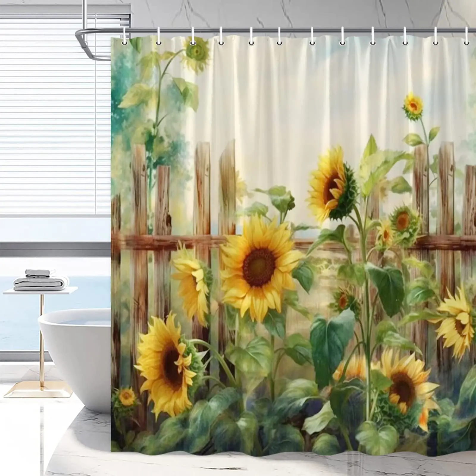 

Sunflower Rustic Farmhouse Shower Curtain Yellow Floral Vintage Wooden Fence Bathroom Curtains Farm Style Bathtub Screen Decor