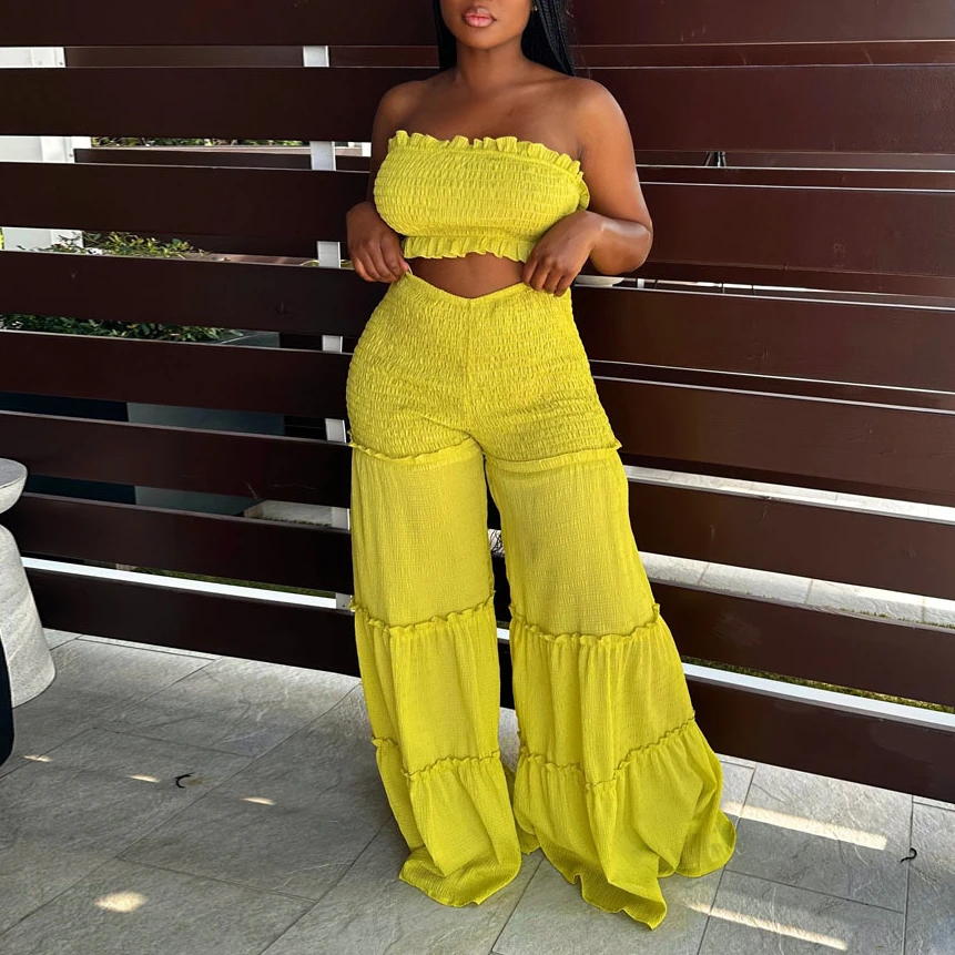 

Летние Плиссированные брюки с широкими штанинами, сексуальный костюм из двух предметов с рюшами, Топ без бретелек, брюки с высокой талией, костюм