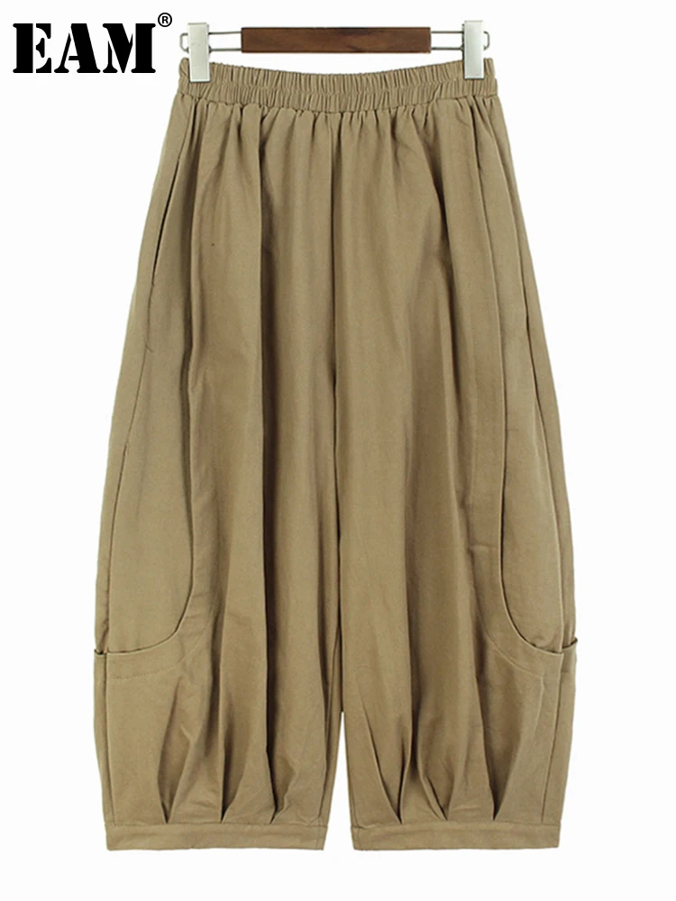 

[EAM] высокая эластичная резинка на талии, плиссированные широкие брюки цвета хаки, новые свободные брюки, женские модные брюки, весна-осень 2023, 1DH2206