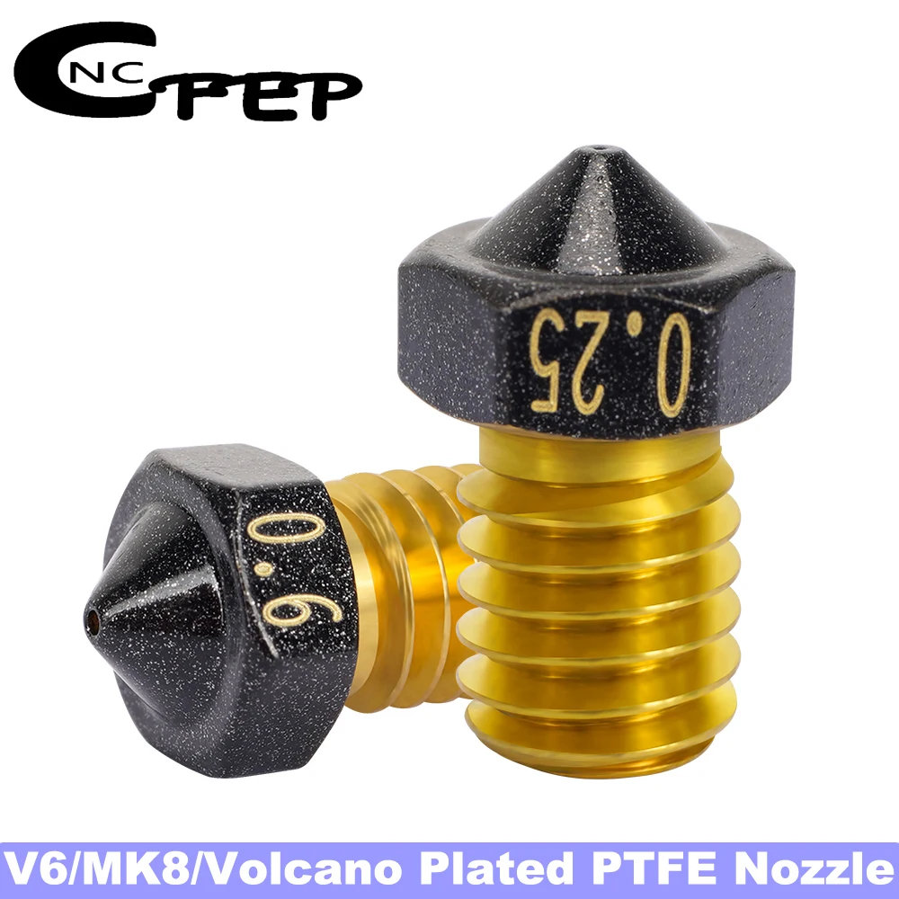 

CNCFEP 2pcs MK8 Brass Nozzle 3D Printer Parts E3D Volcano Nozzles V6 Plated PTFE For 1.75mm Filament For CR6 Ender3 CR10 Vyper