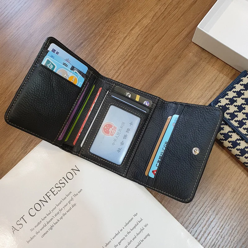 3-fold Women Wallets Short Genuine Leather Billfold Brand Design Houndstooth Embroidery Wallet Two-tone Cowhide Card Holder 2023