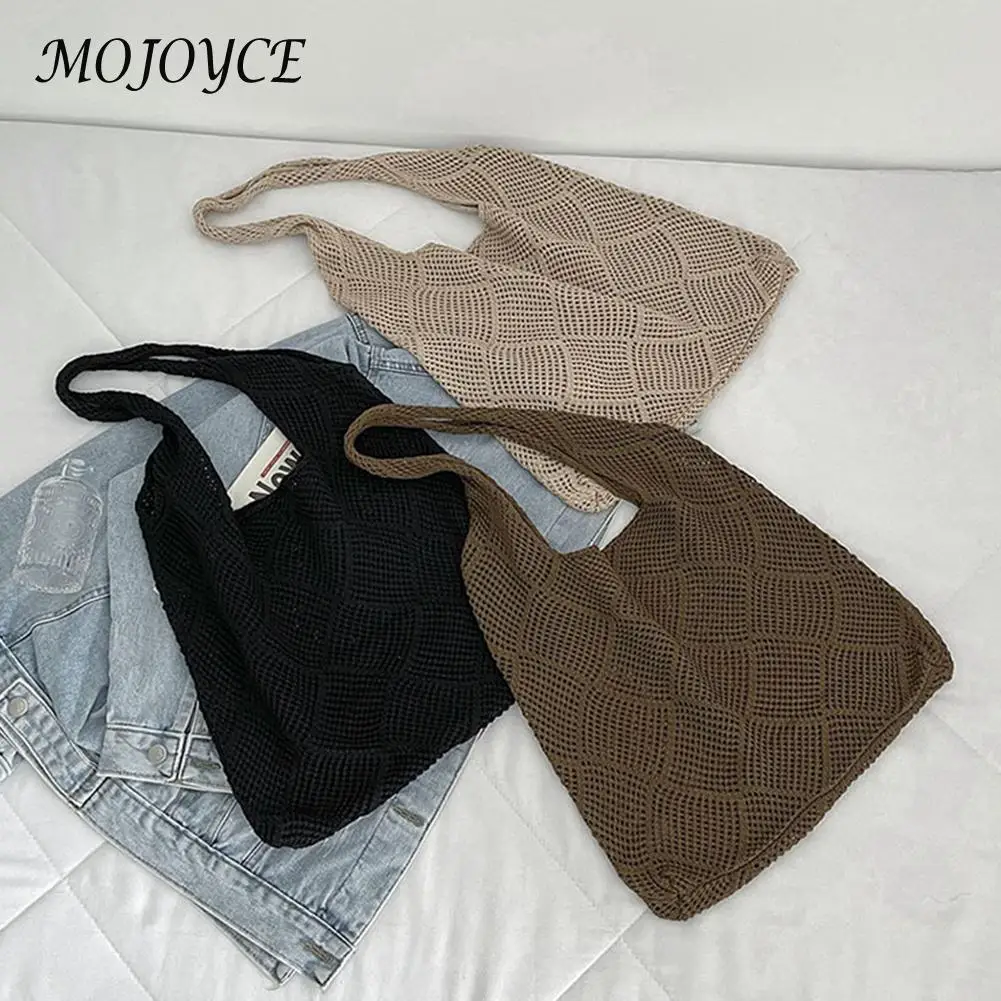 

Women Autumn Winter Satchel Hollow Knitted Shoulder Bag Woven Vest Large Capacity Shopping Bag for Ladies Gift
