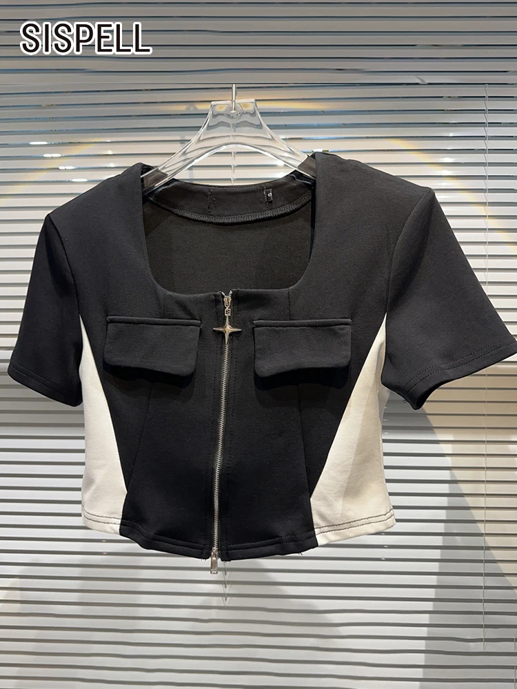 

SISPELL Patchwork Zipper Colorblock Shirts For Women Square Collar Short Sleeve Casual Slimming Blouses Female Fashion Style New