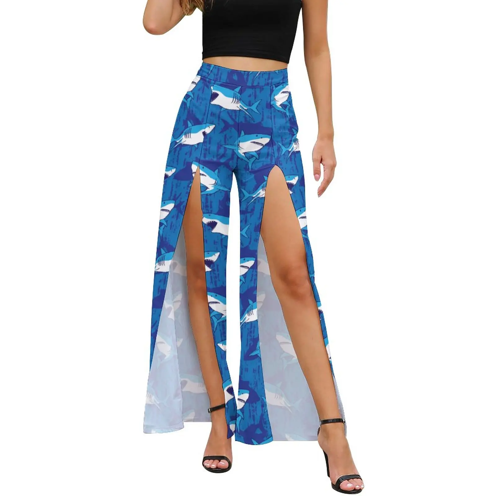 

Bull Shark Print Pants Summer High Waist Ocean Life Animal Trendy Wide Pants Woman High Slit Streetwear Graphic Trousers