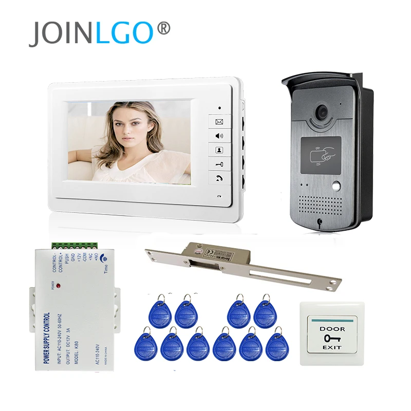 

New Wired 7" Color Video Door Phone Intercom System White Monitor RFID Access Door Camera 250mm Long Strike Lock FREE SHIPPING