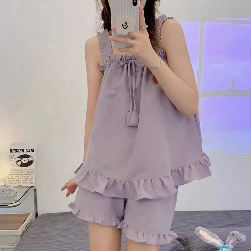 

Set Woman 2 Pieces Slip Pajamas Nightie Women's Clothing Home Clothes Womens Two Piece Korea 2022 Big Size Shorts Womans Sets