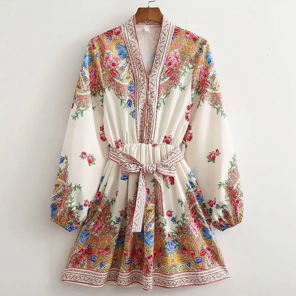 

Vintage Print Dress Women Summer 2022 New Fashion Full Sleeve Elastic Waist Belt Mid-Calf V-neck Feminino Vestido