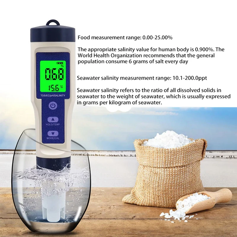 Акция! Цифровой измеритель температуры воды TDS/EC/PH/солености тестер для бассейнов