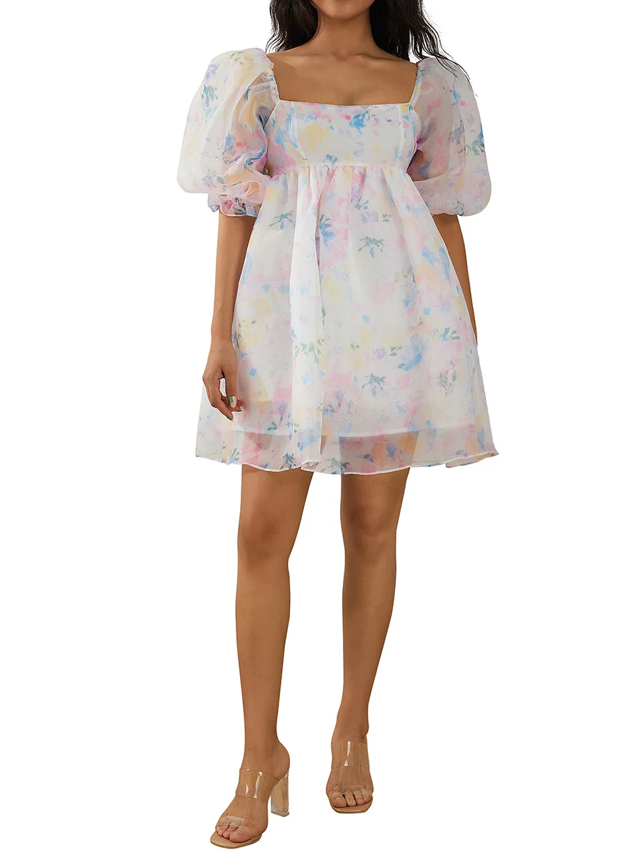 

Women s Puff Sleeve Tulle Princess Dress Square Neck High Waist Mini Fairy Dress Net Gauze Tutu Princess Dresses