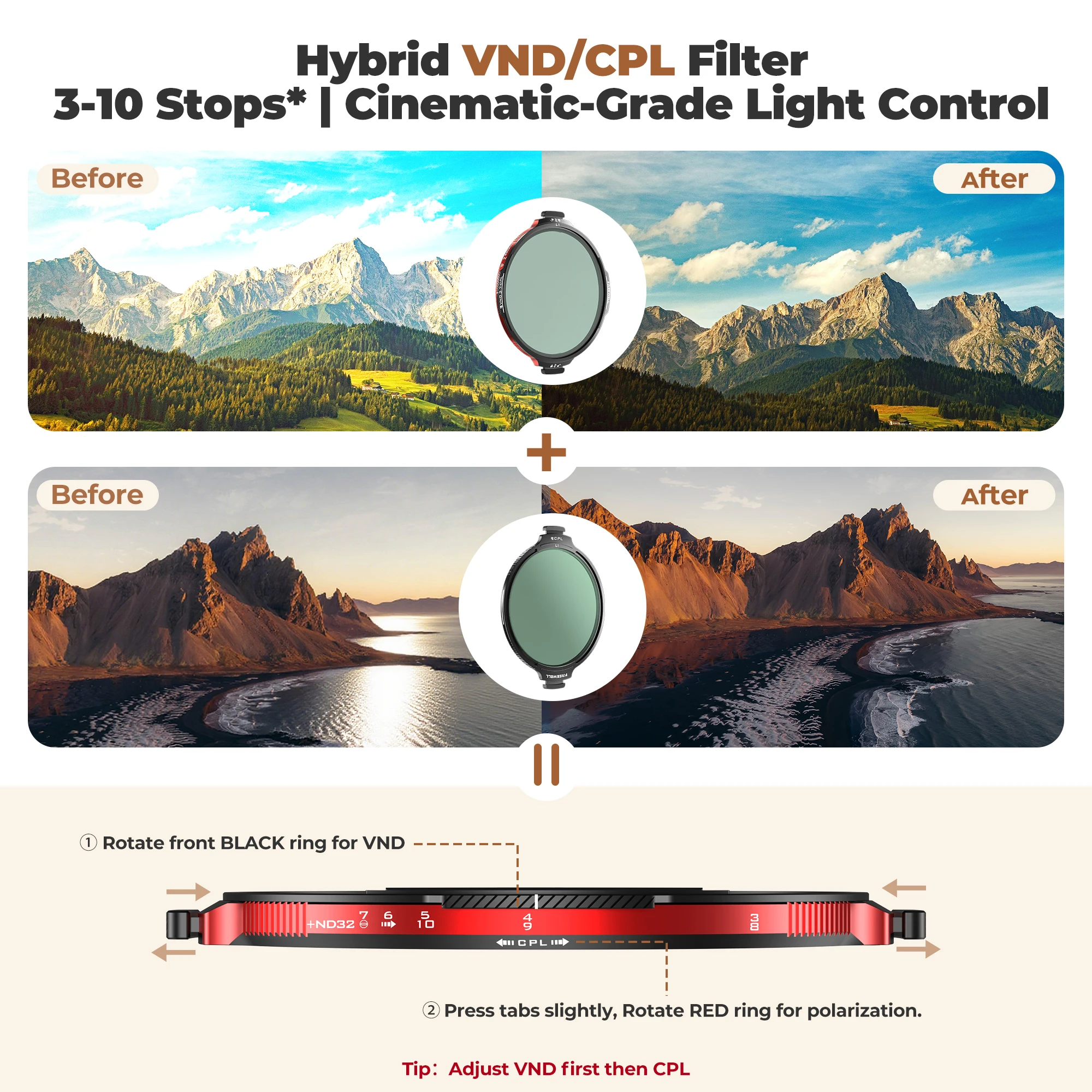 Фото Freewell 82 мм L1 Real Locking Camera Filter All Day Kit — Hybrid VND/CPL 3-10 Stops с фильтрами ND32 Аксессуары для фотосъемки №2