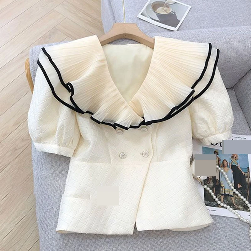 Enlarge Shirt women's short-sleeved double-breasted vintage embroidery lapel top 2022 summer new slim  white coat  white shirt women