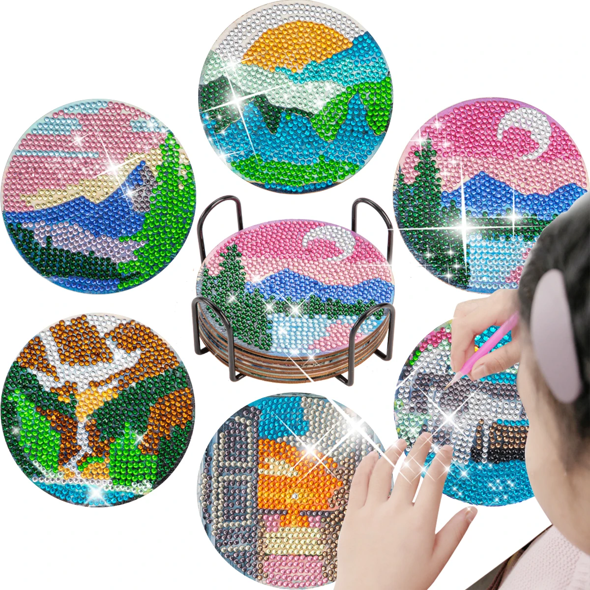 

PhotoCustomD DIY Mountain Landscape Diamond Painting Coaster Rhinestone Embroidery Crystal Wood Coasters Painting Cup Mat Pad