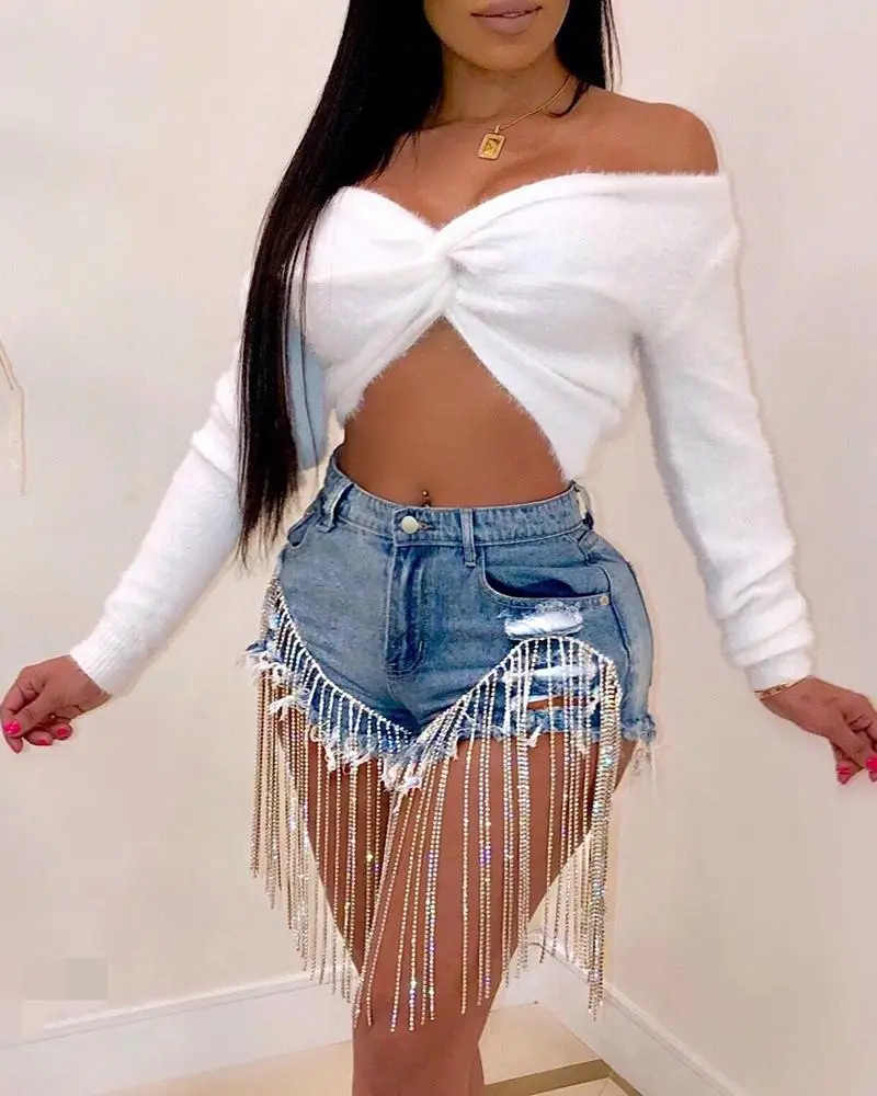 Women Sexy Beads Tassel Zipper Denim Shorts 2023 Party Night Clubwear European and American Style Hot Shorts Indie Fashion