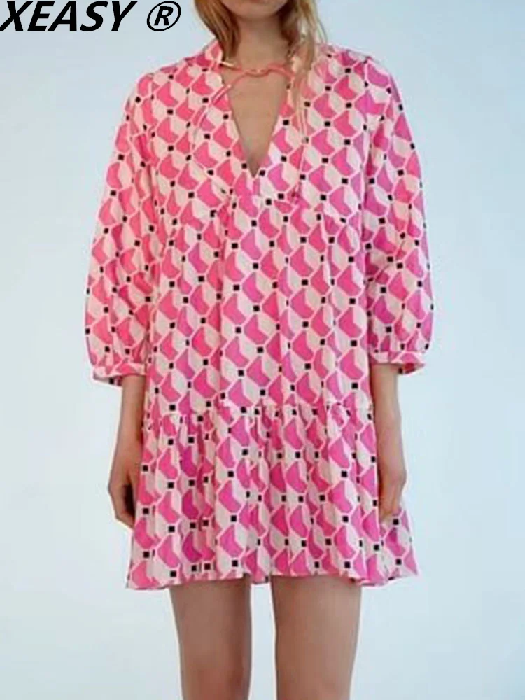 

XEASY Casual Dresses For Women 2022 Summer Women Clothing Long Sleeve Dress Print Vintage Mini Dress