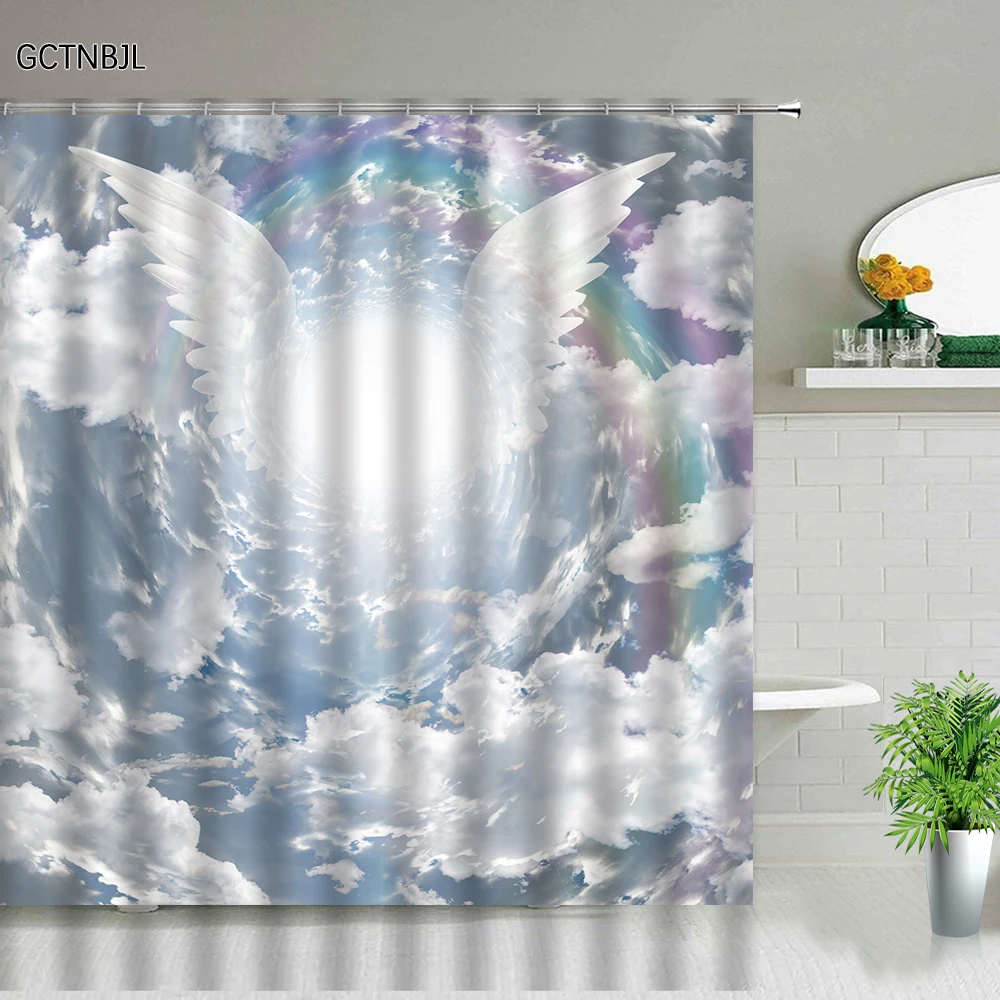 angel wing shower curtain set polyester fabric machine washable background wall curtains for bathroom home decor bath curtain free global shipping