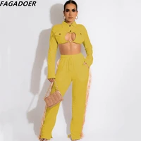 fagadoer fashion streetwear women button hollow out backless crop top and pants two piece sets casual lace up matching outfits