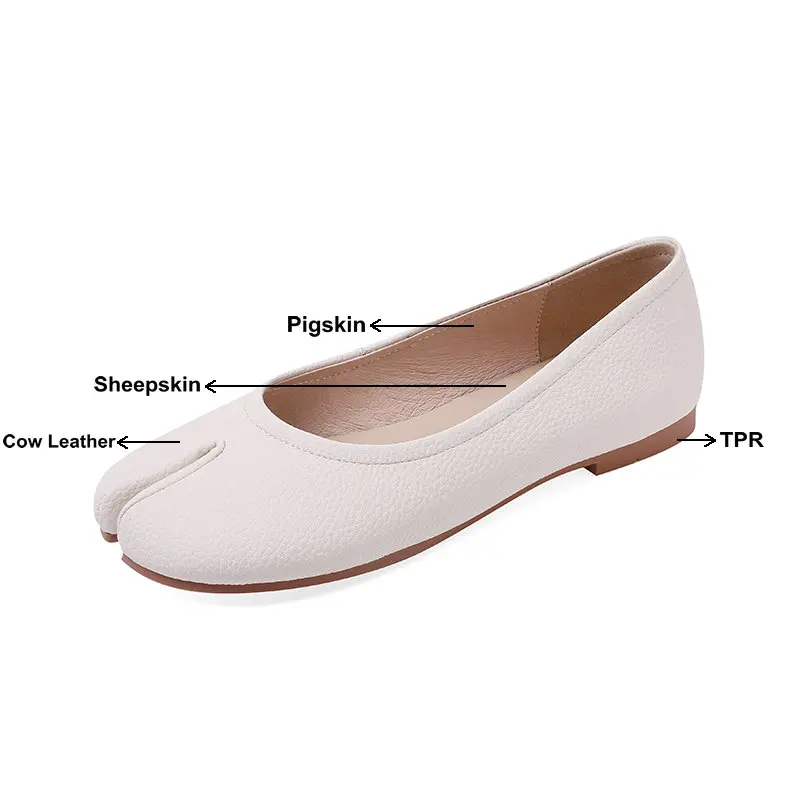 Genuine Leather Flats Women Split Toe Round Shoes 2022 Autumn New Apricot Beige Black Comfortable Soft Slip On Sapatos Femininno
