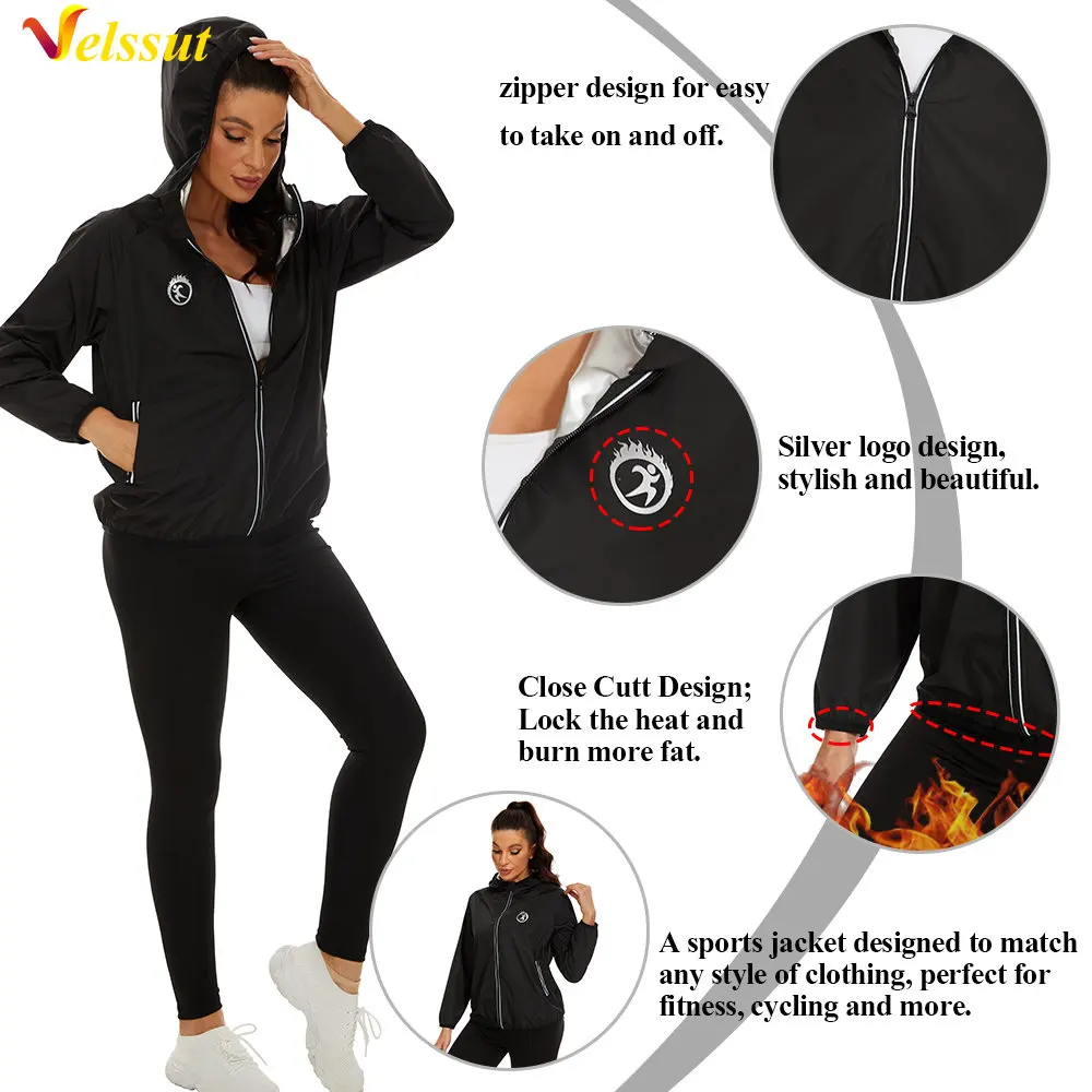 Velssut Sauna Top Women Fitness Sportwear Weight Loss Clothing Slimming Long Sleeve Hot Sweat Bodybuilding Training and Exercise