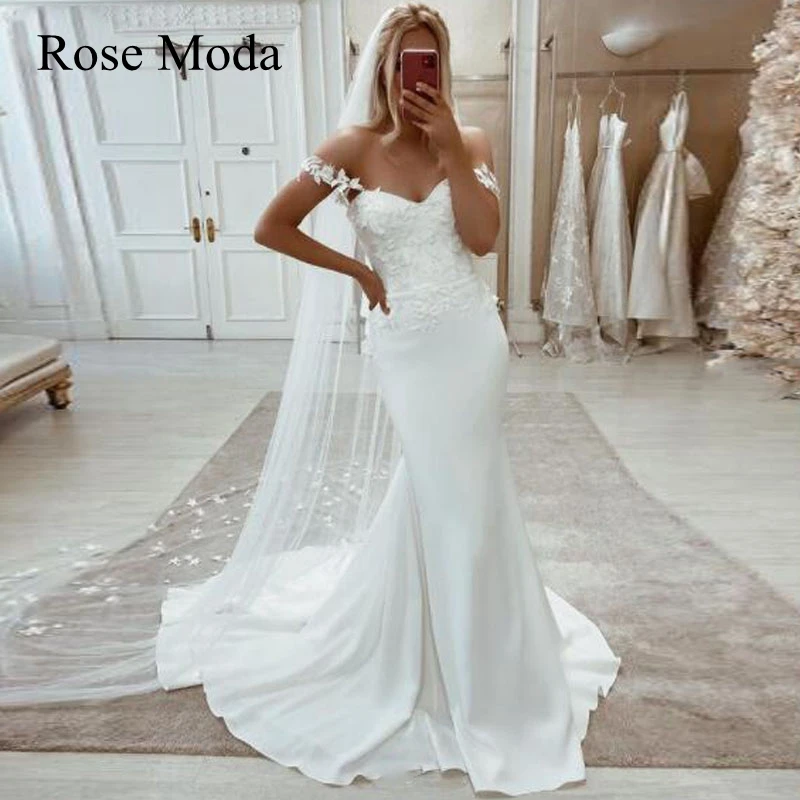 

Rose Moda Off the Shoulder V Back Mermaid Wedding Dress with Lace Custom Make
