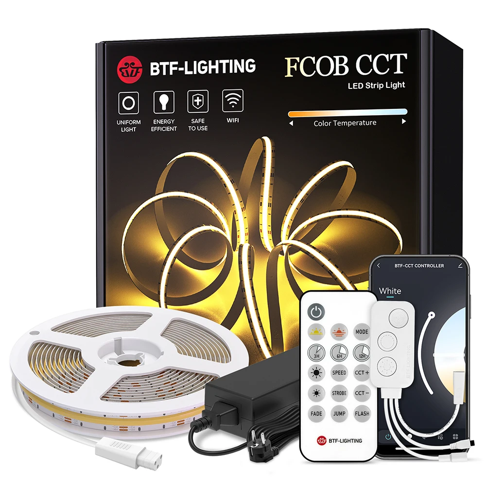 BTF FCOB CCT Led Lights Kit 640 LEDs Tuya Voice Wifi Bluetooth APP Dimmable High Density FOB COB Led Light Strip for Living Room